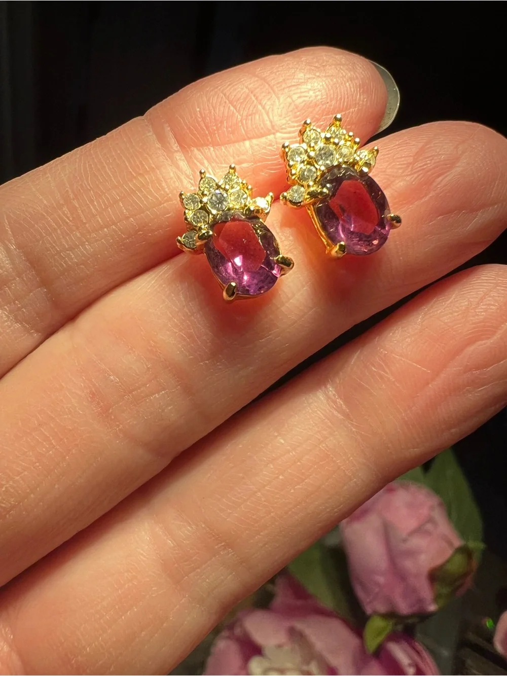 Gold-Plated? Purple Crystal Crown Stud Earrings Read below